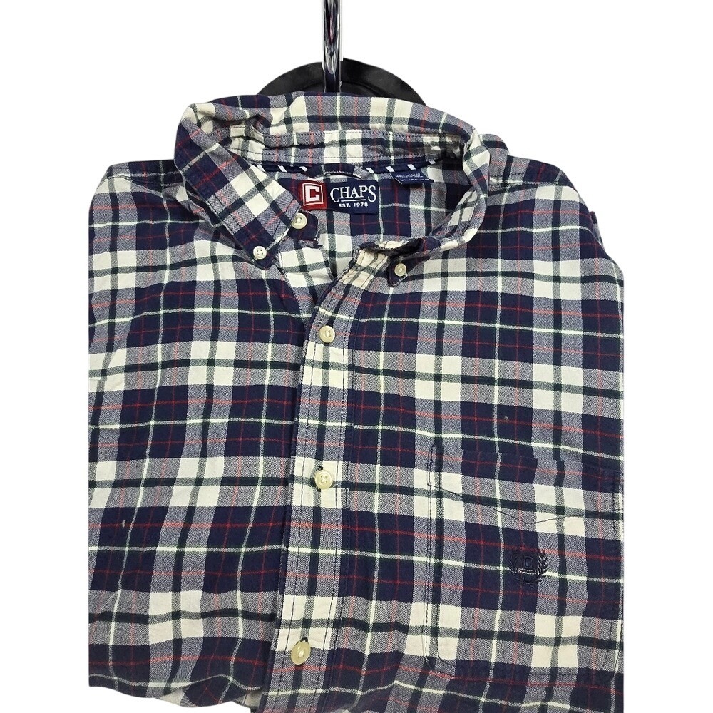 Chaps Men XL Plaid Button Down Shirt Navy Blue Cream Red 100% Cotton Long Sleeve